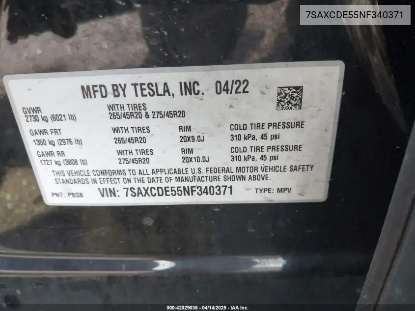 2022 Tesla Model X Dual Motor All-Wheel Drive/Plaid Tri Motor All-Wheel Drive VIN: 7SAXCDE55NF340371 Lot: 42029036