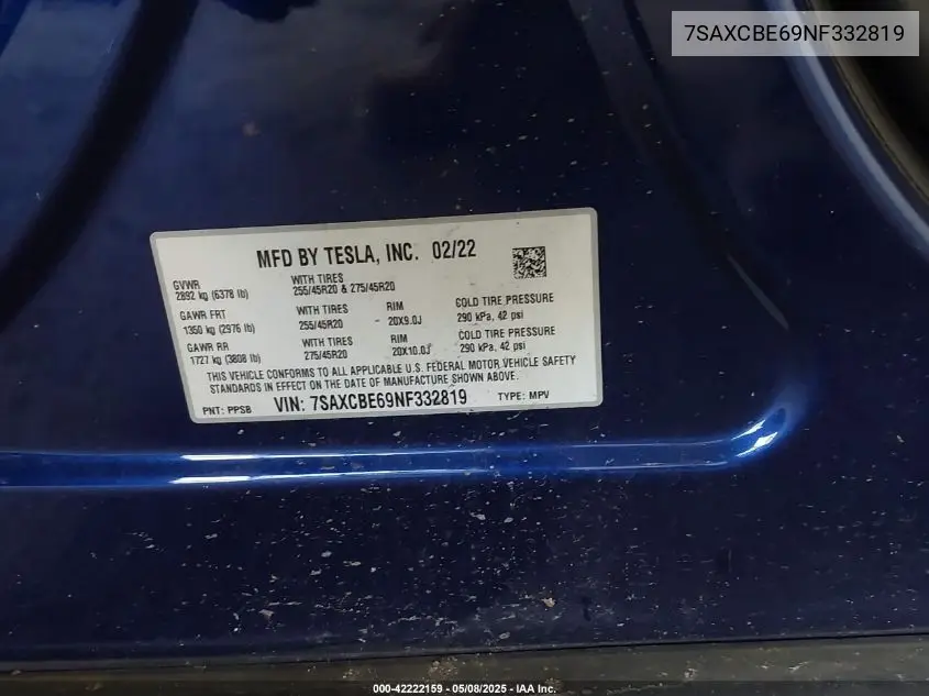 2022 Tesla Model X Plaid Tri Motor All-Wheel Drive VIN: 7SAXCBE69NF332819 Lot: 42222159