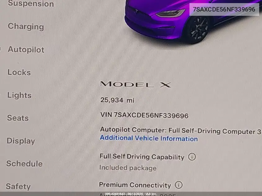 2022 Tesla Model X Dual Motor All-Wheel Drive/Plaid Tri Motor All-Wheel Drive VIN: 7SAXCDE56NF339696 Lot: 42481643