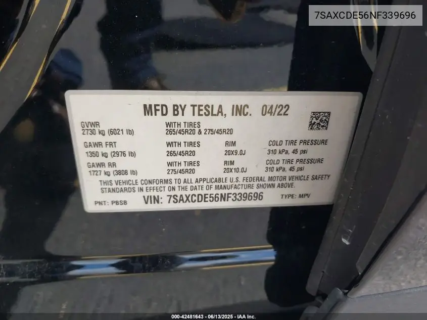 2022 Tesla Model X Dual Motor All-Wheel Drive/Plaid Tri Motor All-Wheel Drive VIN: 7SAXCDE56NF339696 Lot: 42481643