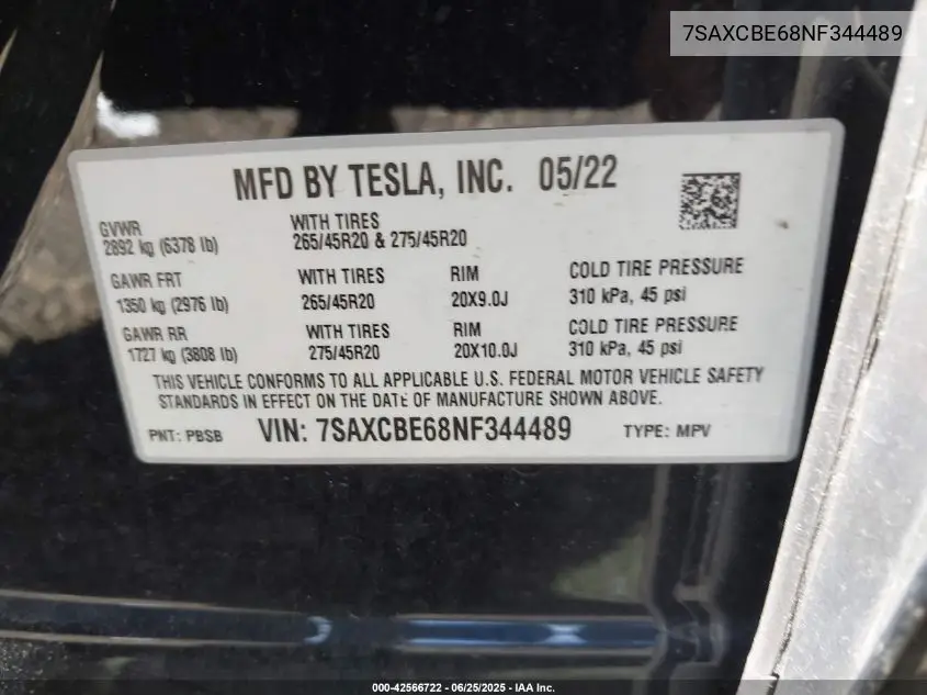 2022 Tesla Model X Plaid Tri Motor All-Wheel Drive VIN: 7SAXCBE68NF344489 Lot: 42566722