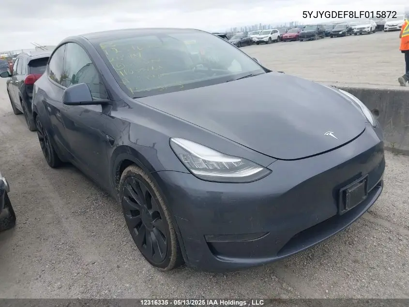 2020 Tesla Model Y Long Range/Performance VIN: 5YJYGDEF8LF015872 Lot: 12316335