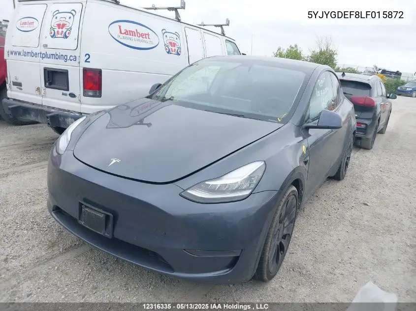 2020 Tesla Model Y Long Range/Performance VIN: 5YJYGDEF8LF015872 Lot: 12316335