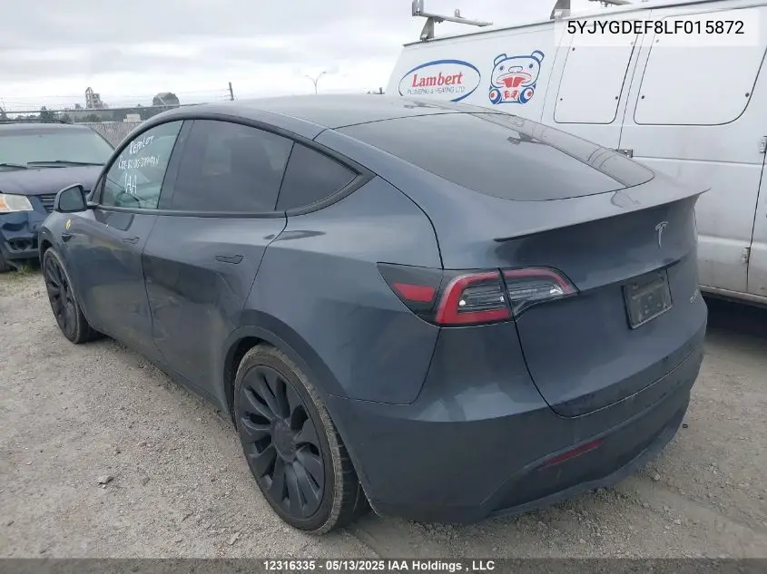 2020 Tesla Model Y Long Range/Performance VIN: 5YJYGDEF8LF015872 Lot: 12316335
