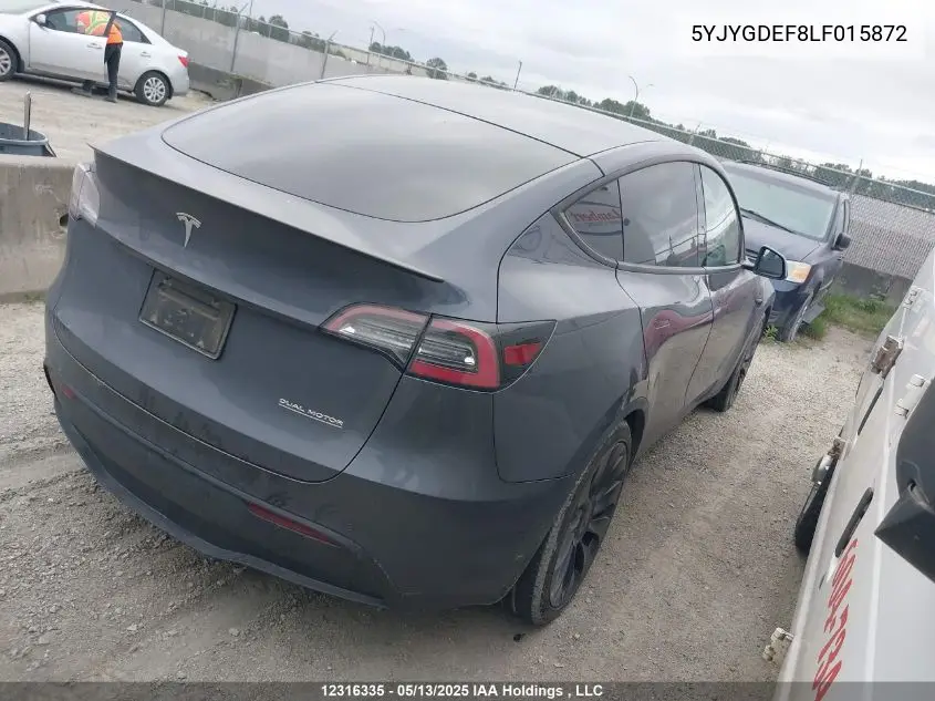 2020 Tesla Model Y Long Range/Performance VIN: 5YJYGDEF8LF015872 Lot: 12316335