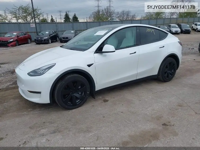 2021 Tesla Model Y Long Range Dual Motor All-Wheel Drive VIN: 5YJYGDEE7MF141178 Lot: 42001029