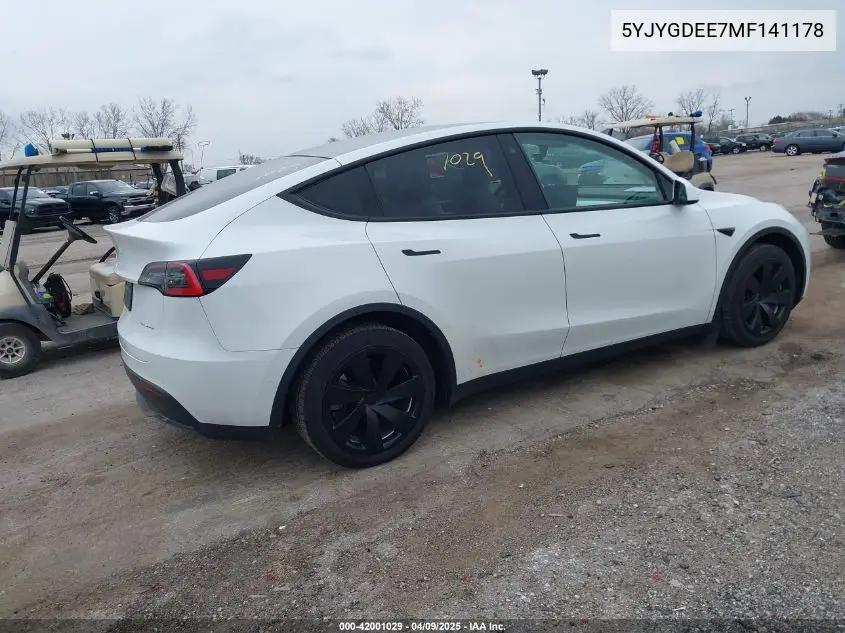 2021 Tesla Model Y Long Range Dual Motor All-Wheel Drive VIN: 5YJYGDEE7MF141178 Lot: 42001029