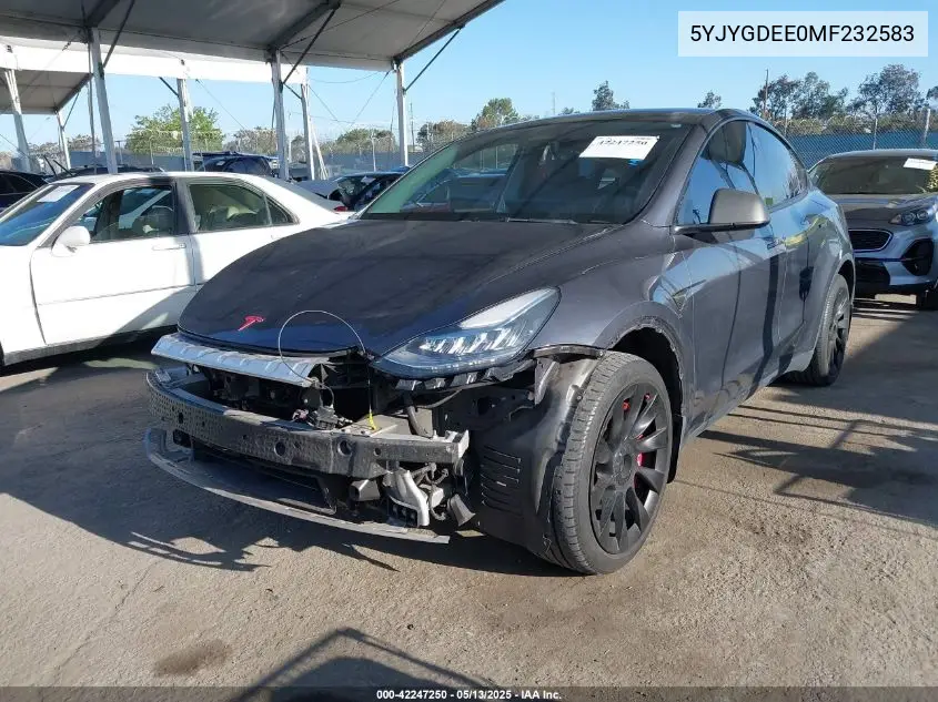 2021 Tesla Model Y Long Range Dual Motor All-Wheel Drive VIN: 5YJYGDEE0MF232583 Lot: 42247250