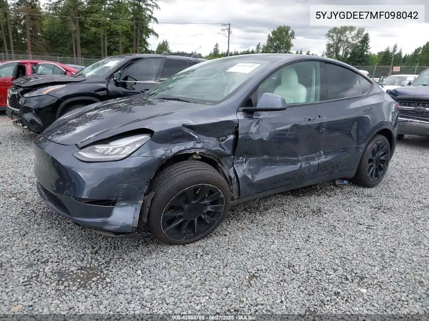 2021 Tesla Model Y Long Range Dual Motor All-Wheel Drive VIN: 5YJYGDEE7MF098042 Lot: 42585785
