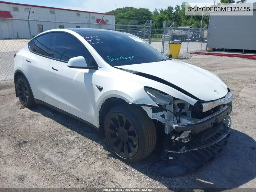 2021 Tesla Model Y Standard Range Rear-Wheel Drive VIN: 5YJYGDED3MF173455 Lot: 42591864
