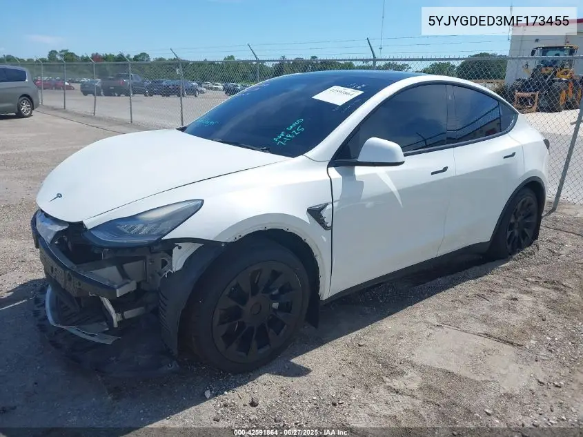 2021 Tesla Model Y Standard Range Rear-Wheel Drive VIN: 5YJYGDED3MF173455 Lot: 42591864