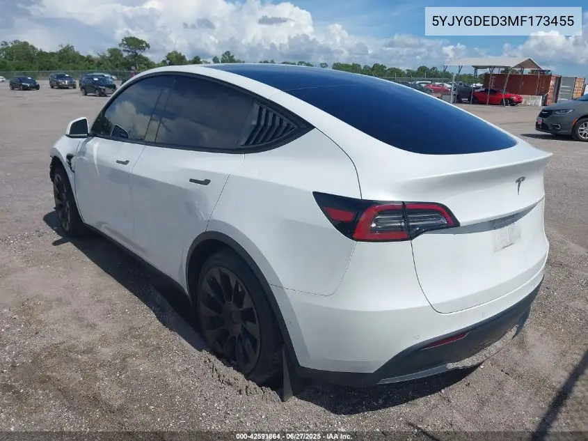 2021 Tesla Model Y Standard Range Rear-Wheel Drive VIN: 5YJYGDED3MF173455 Lot: 42591864