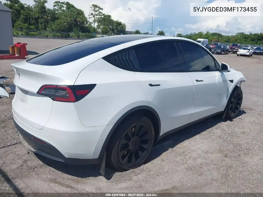 2021 Tesla Model Y Standard Range Rear-Wheel Drive VIN: 5YJYGDED3MF173455 Lot: 42591864