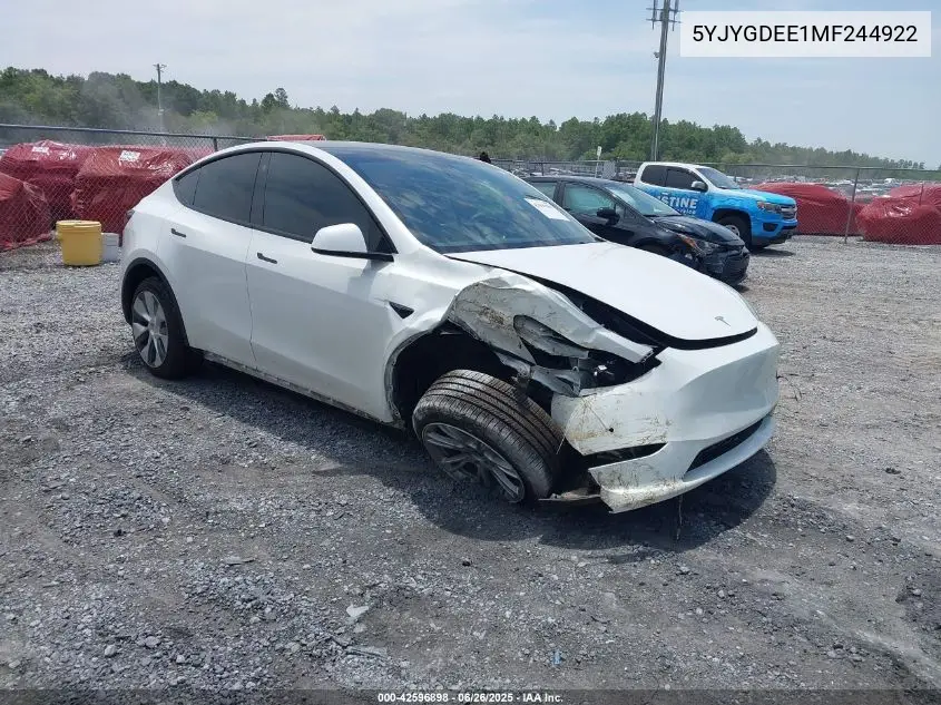 2021 Tesla Model Y Long Range Dual Motor All-Wheel Drive VIN: 5YJYGDEE1MF244922 Lot: 42596898