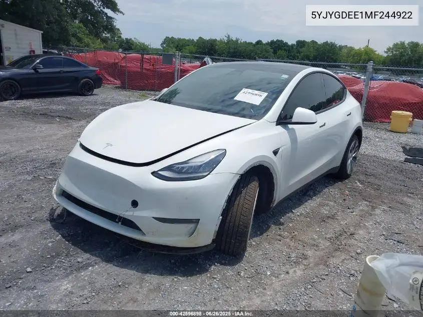 2021 Tesla Model Y Long Range Dual Motor All-Wheel Drive VIN: 5YJYGDEE1MF244922 Lot: 42596898