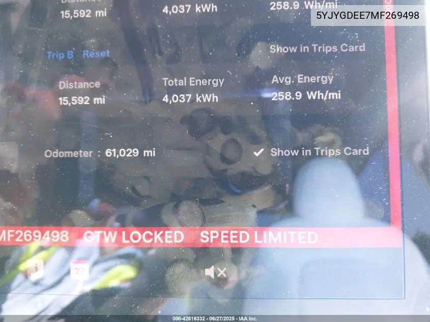2021 Tesla Model Y VIN: 5YJYGDEE7MF269498 Lot: 42616332