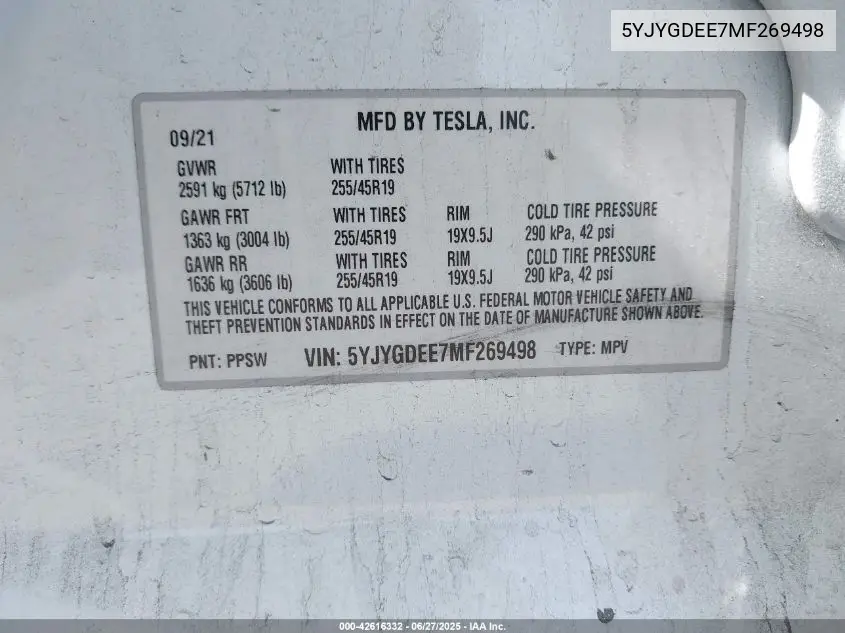 2021 Tesla Model Y VIN: 5YJYGDEE7MF269498 Lot: 42616332