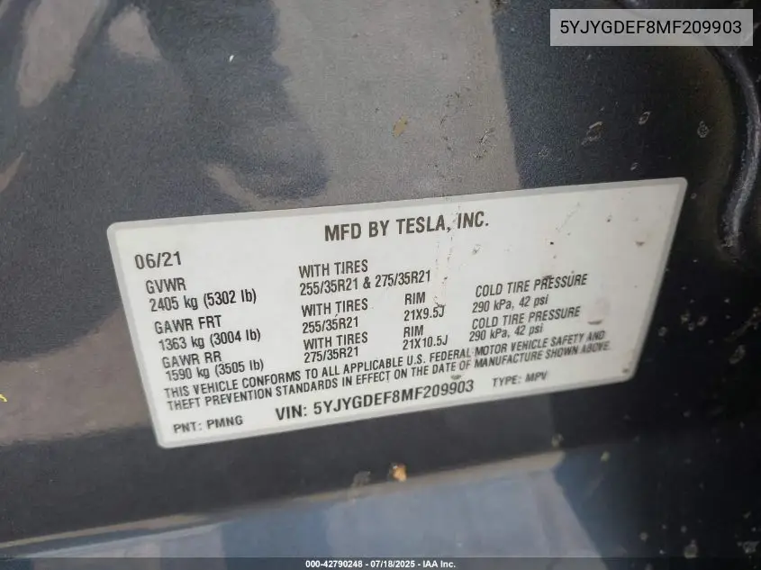 2021 Tesla Model Y Performance Dual Motor All-Wheel Drive VIN: 5YJYGDEF8MF209903 Lot: 42790248