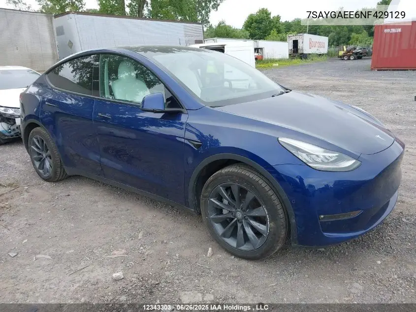 2022 Tesla Model Y Long Range VIN: 7SAYGAEE6NF429129 Lot: 12343303