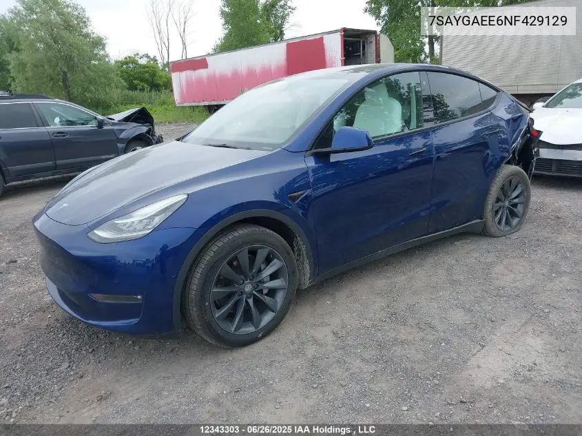 2022 Tesla Model Y Long Range VIN: 7SAYGAEE6NF429129 Lot: 12343303