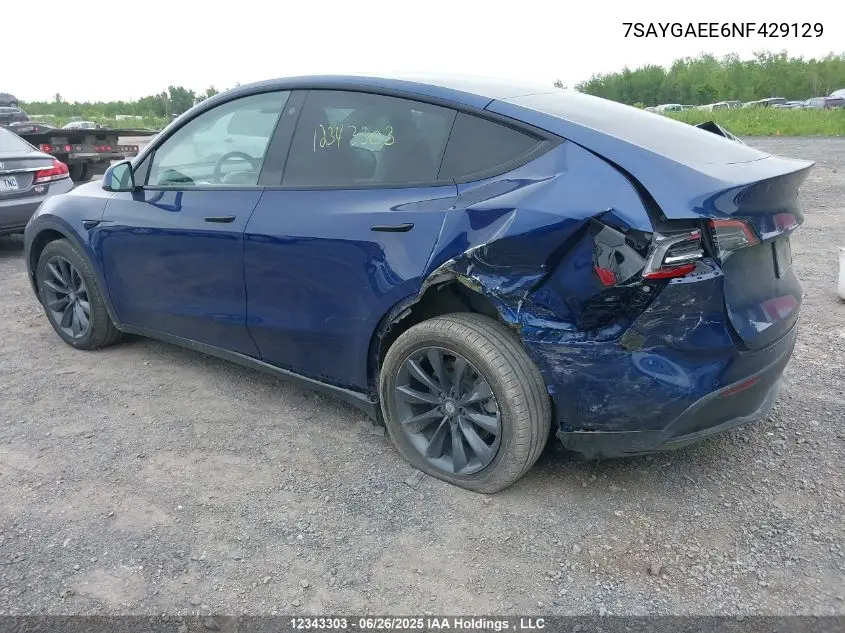 2022 Tesla Model Y Long Range VIN: 7SAYGAEE6NF429129 Lot: 12343303
