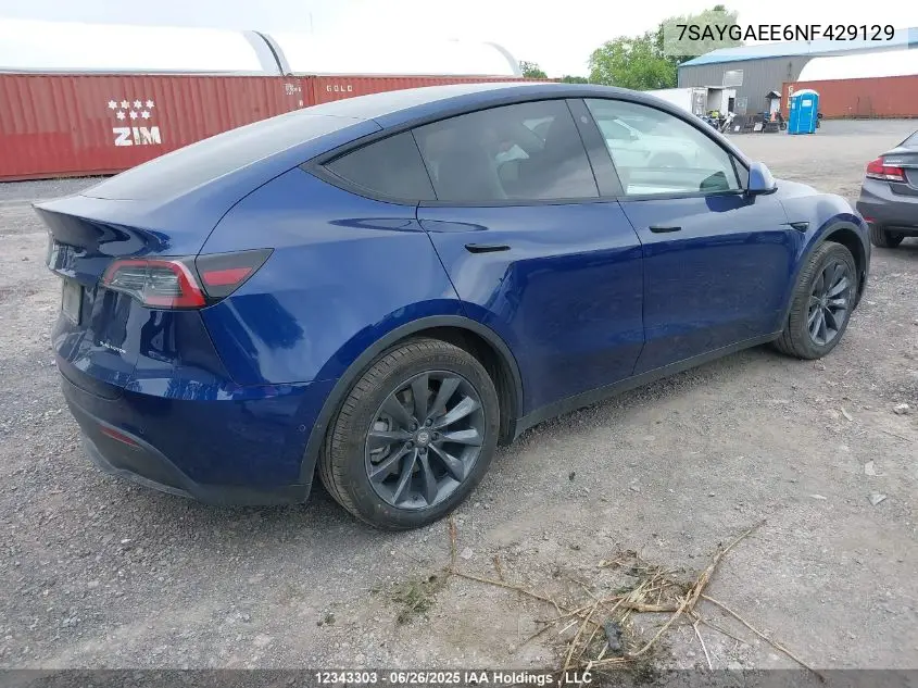 2022 Tesla Model Y Long Range VIN: 7SAYGAEE6NF429129 Lot: 12343303