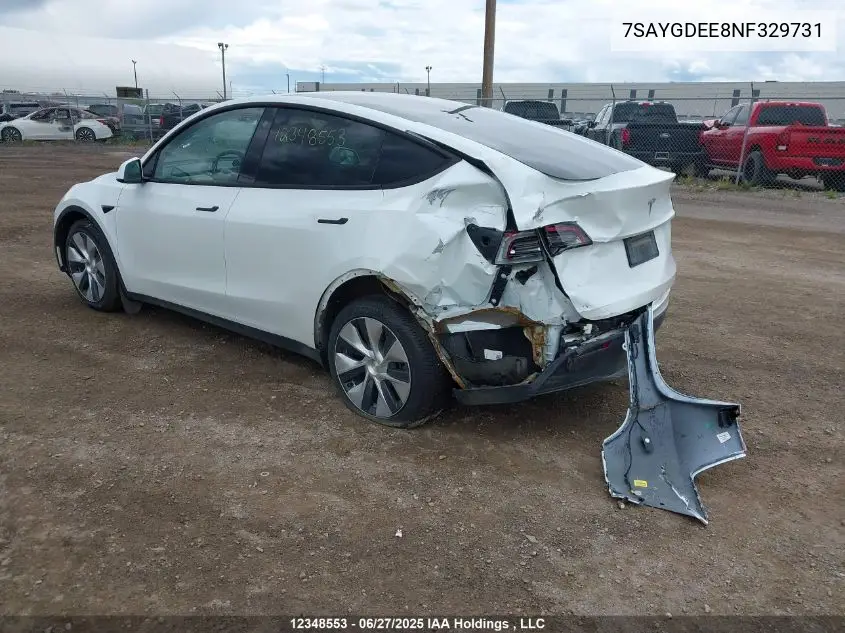 2022 Tesla Model Y Long Range VIN: 7SAYGDEE8NF329731 Lot: 12348553