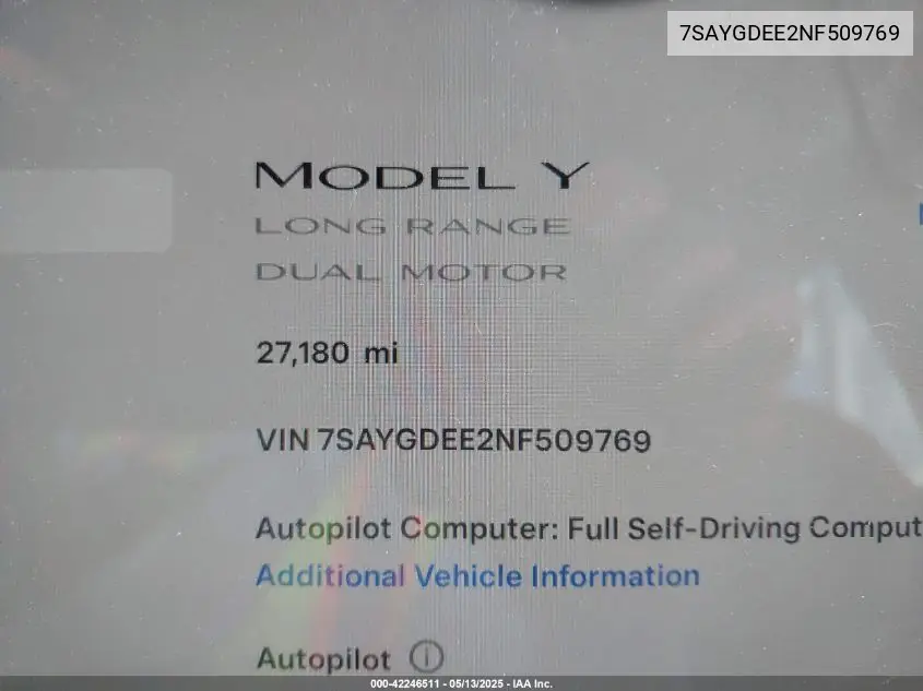 2022 Tesla Model Y Long Range Dual Motor All-Wheel Drive VIN: 7SAYGDEE2NF509769 Lot: 42246511