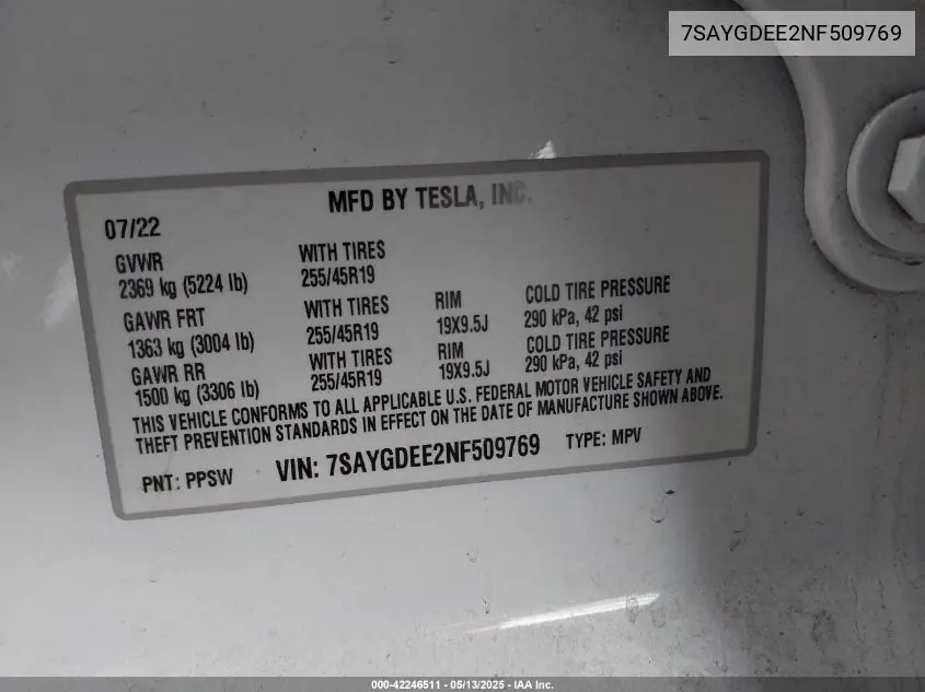 2022 Tesla Model Y Long Range Dual Motor All-Wheel Drive VIN: 7SAYGDEE2NF509769 Lot: 42246511