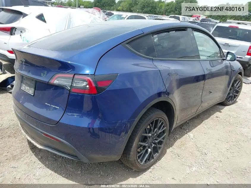 2022 Tesla Model Y Long Range Dual Motor All-Wheel Drive VIN: 7SAYGDEE2NF480161 Lot: 42246786