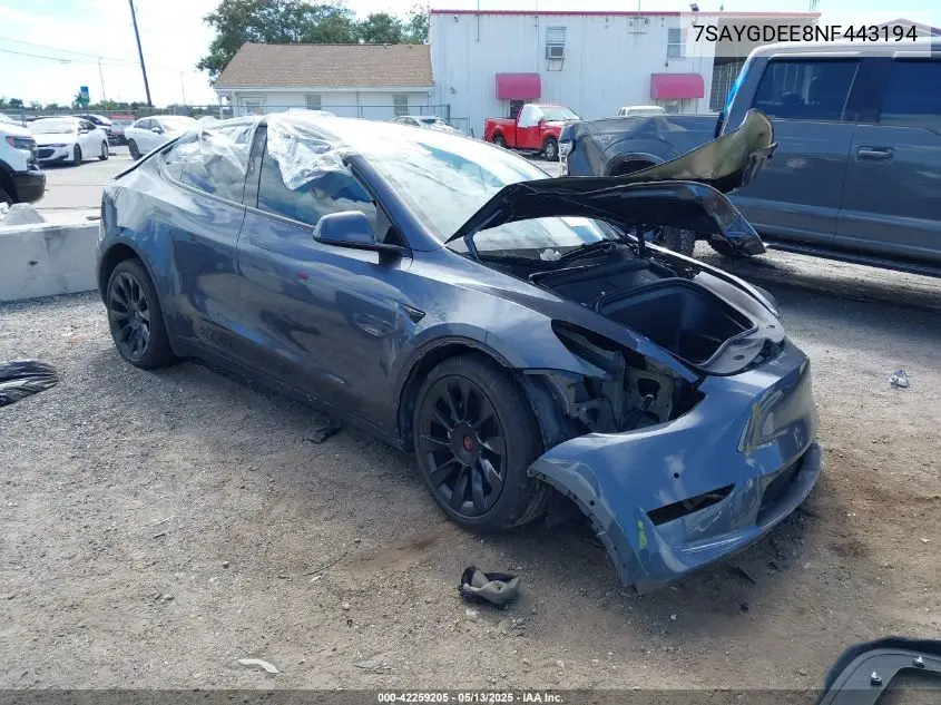 2022 Tesla Model Y Long Range Dual Motor All-Wheel Drive VIN: 7SAYGDEE8NF443194 Lot: 42259205