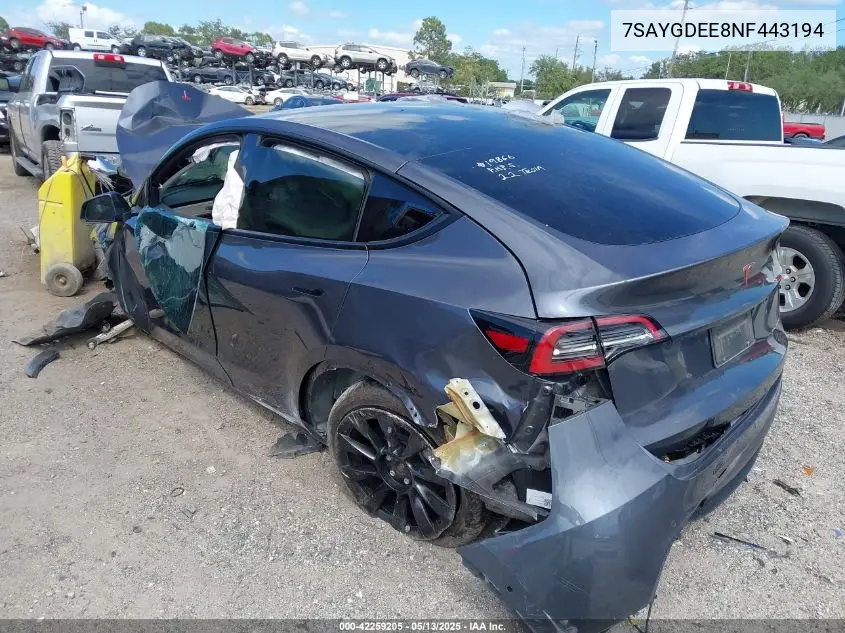 2022 Tesla Model Y Long Range Dual Motor All-Wheel Drive VIN: 7SAYGDEE8NF443194 Lot: 42259205