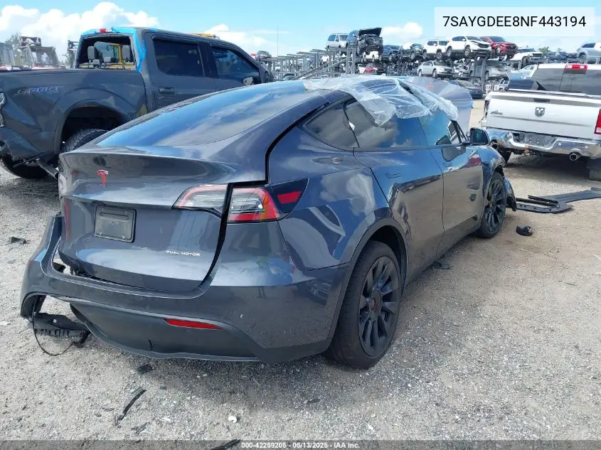 2022 Tesla Model Y Long Range Dual Motor All-Wheel Drive VIN: 7SAYGDEE8NF443194 Lot: 42259205