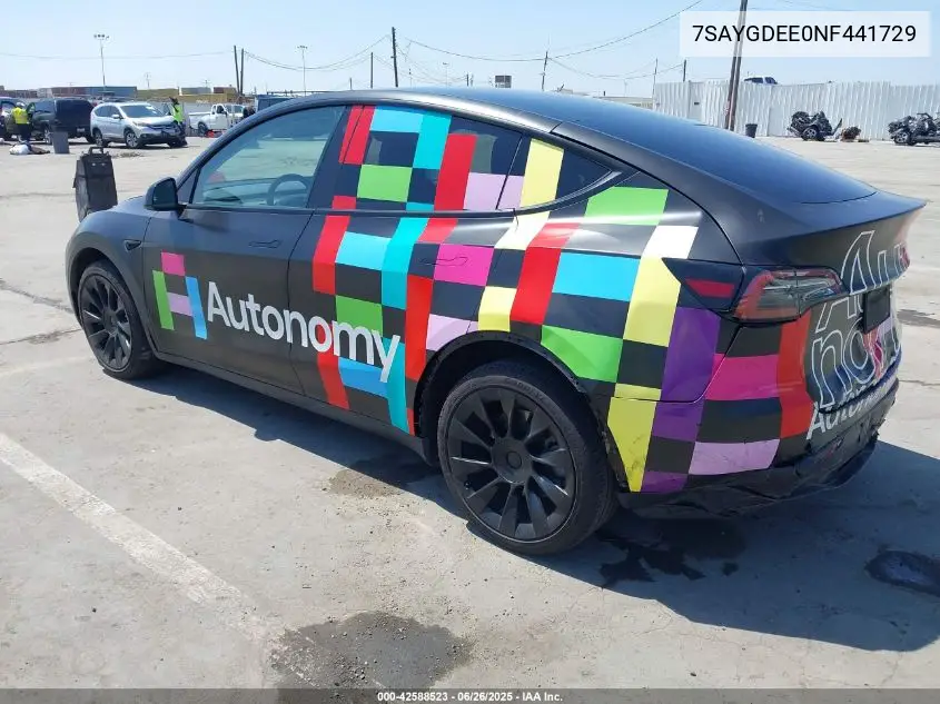 2022 Tesla Model Y Long Range Dual Motor All-Wheel Drive VIN: 7SAYGDEE0NF441729 Lot: 42588523