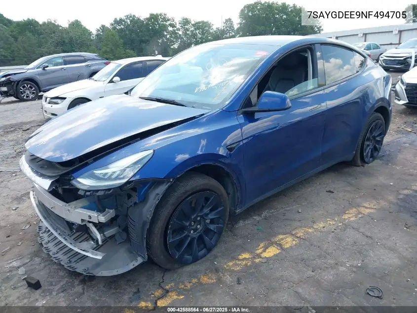 2022 Tesla Model Y Long Range Dual Motor All-Wheel Drive VIN: 7SAYGDEE9NF494705 Lot: 42588564