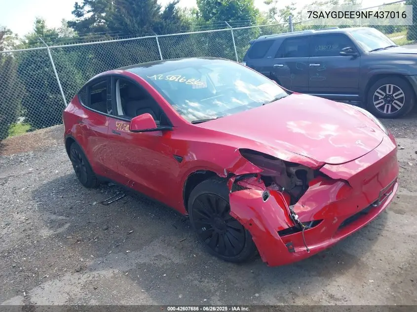 2022 Tesla Model Y Long Range Dual Motor All-Wheel Drive VIN: 7SAYGDEE9NF437016 Lot: 42607686