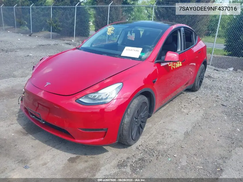 2022 Tesla Model Y Long Range Dual Motor All-Wheel Drive VIN: 7SAYGDEE9NF437016 Lot: 42607686