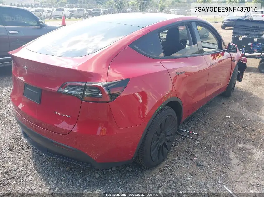 2022 Tesla Model Y Long Range Dual Motor All-Wheel Drive VIN: 7SAYGDEE9NF437016 Lot: 42607686