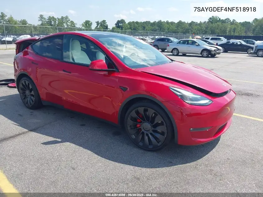 2022 Tesla Model Y VIN: 7SAYGDEF4NF518918 Lot: 42614598
