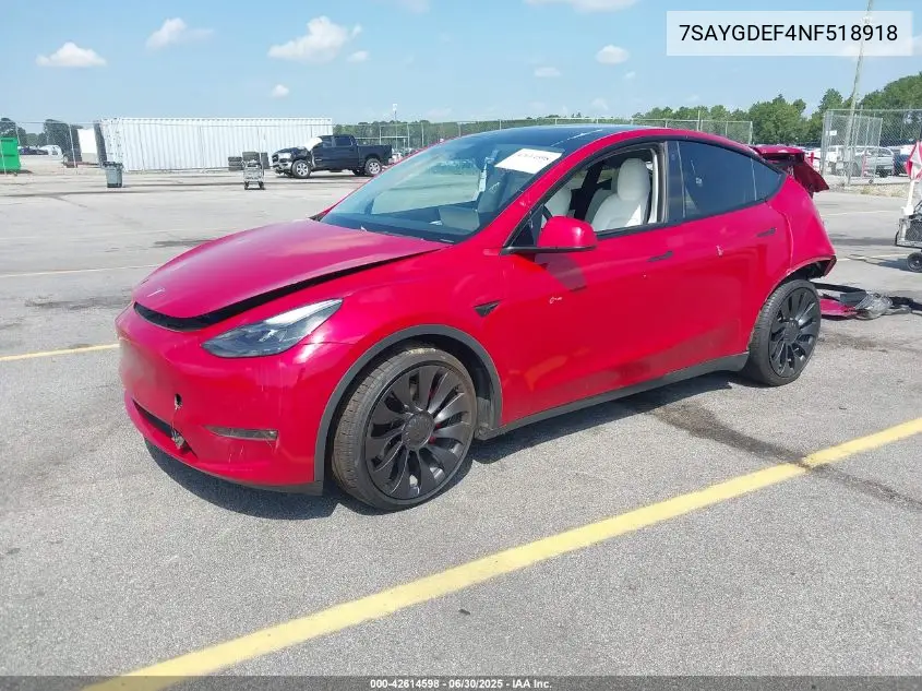2022 Tesla Model Y VIN: 7SAYGDEF4NF518918 Lot: 42614598
