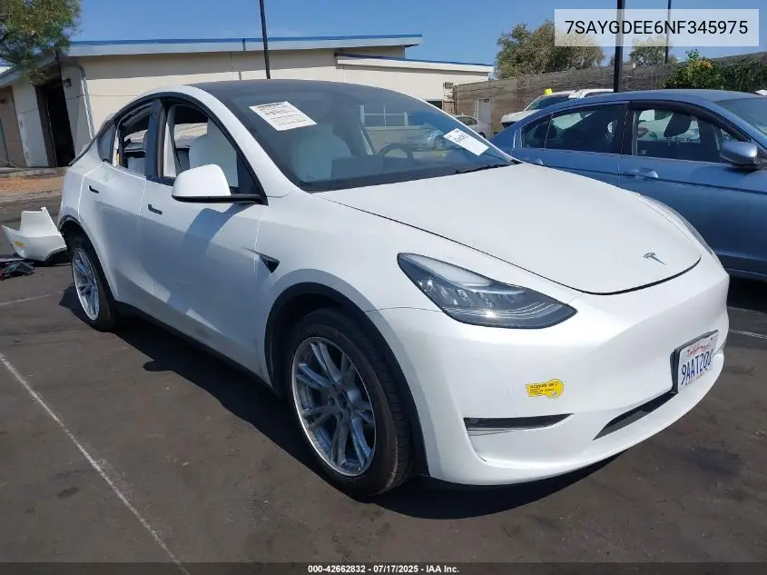 2022 Tesla Model Y Long Range Dual Motor All-Wheel Drive VIN: 7SAYGDEE6NF345975 Lot: 42662832