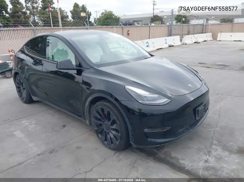 2022 Tesla Model Y Performance Dual Motor All-Wheel Drive VIN: 7SAYGDEF6NF558577 Lot: 42738480