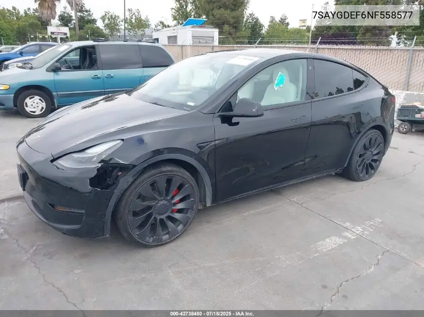 2022 Tesla Model Y Performance Dual Motor All-Wheel Drive VIN: 7SAYGDEF6NF558577 Lot: 42738480