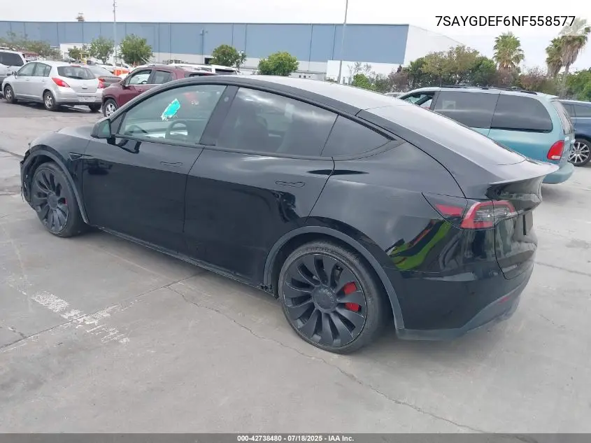 2022 Tesla Model Y Performance Dual Motor All-Wheel Drive VIN: 7SAYGDEF6NF558577 Lot: 42738480