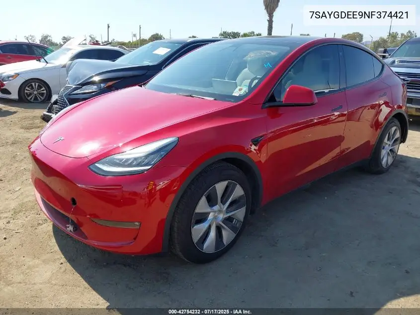 2022 Tesla Model Y Long Range Dual Motor All-Wheel Drive VIN: 7SAYGDEE9NF374421 Lot: 42754232