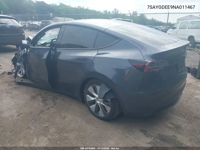 2022 Tesla Model Y Long Range Dual Motor All-Wheel Drive VIN: 7SAYGDEE9NA011467 Lot: 42754909