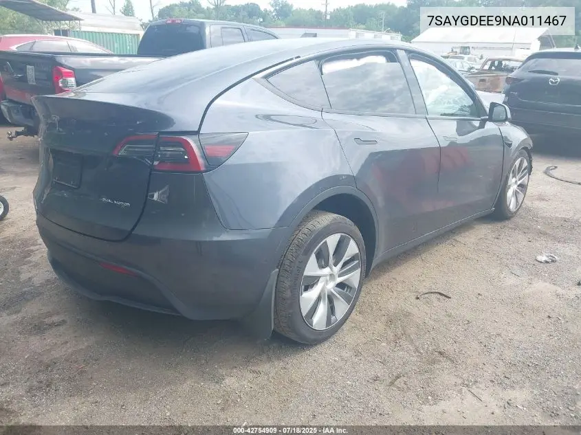2022 Tesla Model Y Long Range Dual Motor All-Wheel Drive VIN: 7SAYGDEE9NA011467 Lot: 42754909