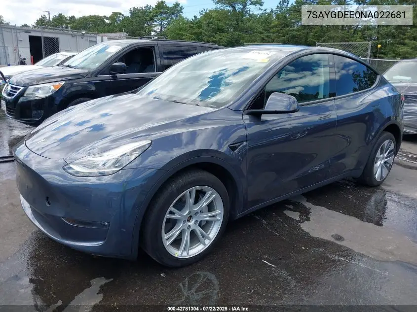 7SAYGDEE0NA022681 2022 Tesla Model Y Long Range Dual Motor All-Wheel Drive