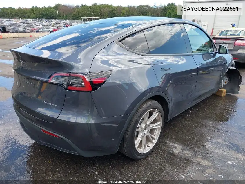 7SAYGDEE0NA022681 2022 Tesla Model Y Long Range Dual Motor All-Wheel Drive
