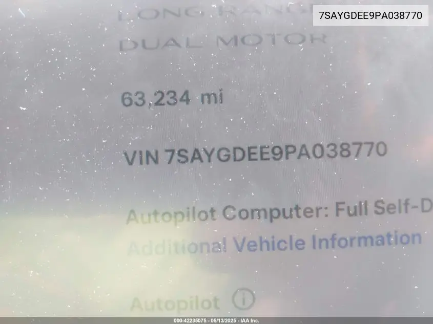 2023 Tesla Model Y Awd/Long Range Dual Motor All-Wheel Drive VIN: 7SAYGDEE9PA038770 Lot: 42235075